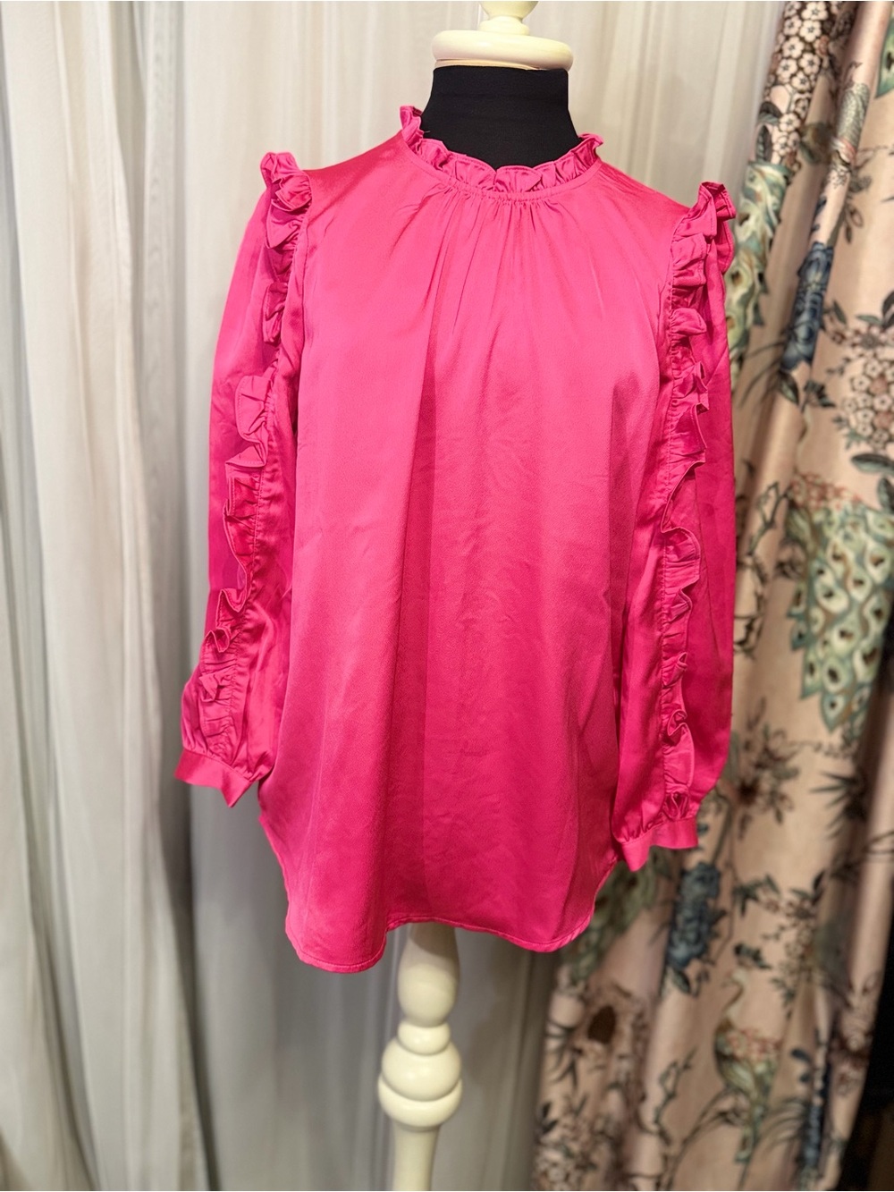 J.Crew Hot Pink Ruffle Long Sleeve Blouse Top XS